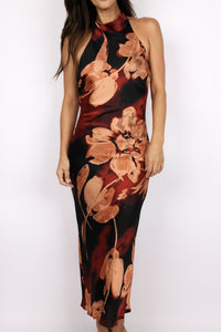 Floral Halter Ruched Open Back Dress