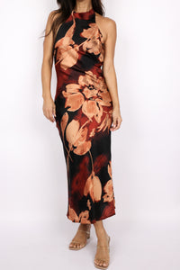 Floral Halter Ruched Open Back Dress