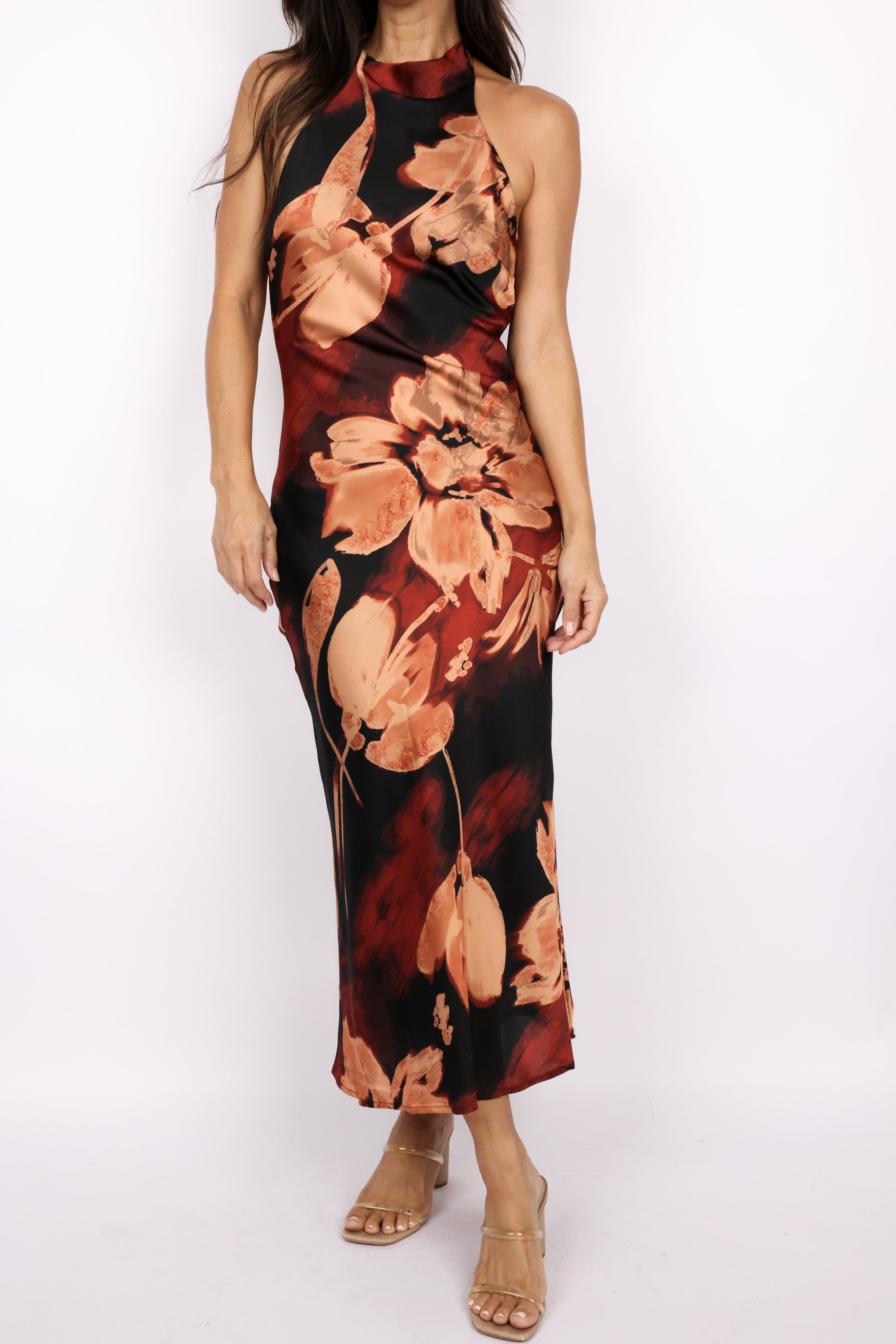 Floral Halter Ruched Open Back Dress