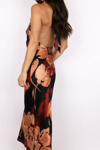 Floral Halter Ruched Open Back Dress