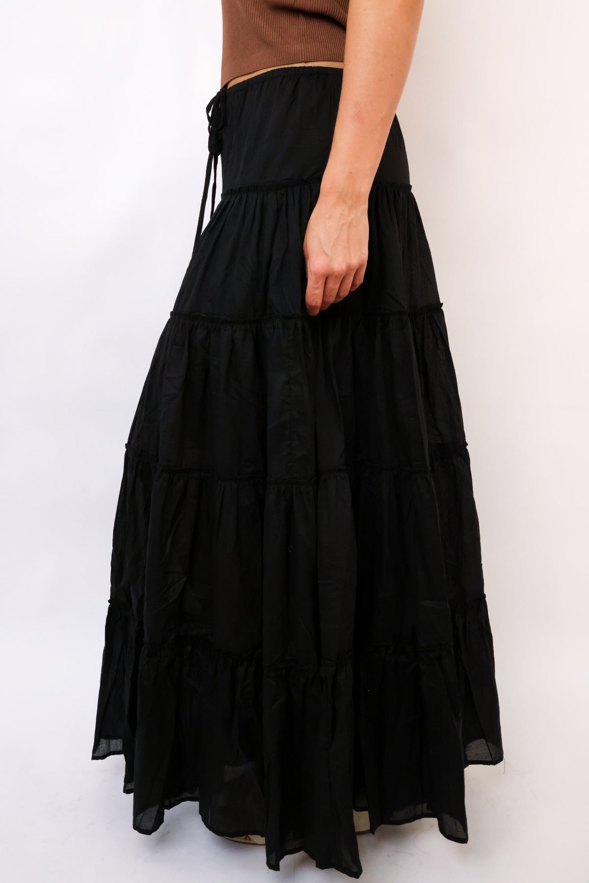 Drawstring Detail Tiered Maxi Skirt