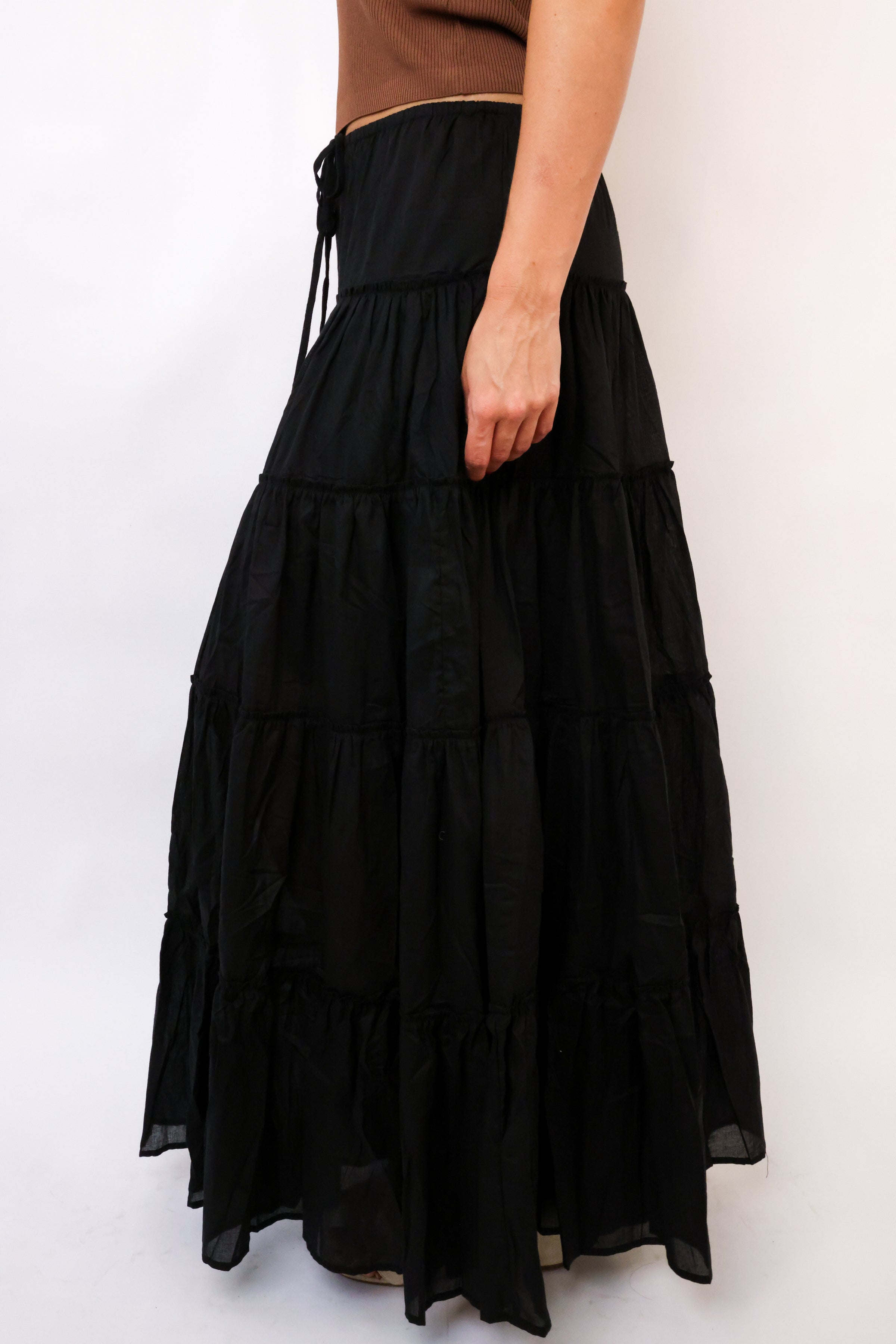 Drawstring Detail Tiered Maxi Skirt