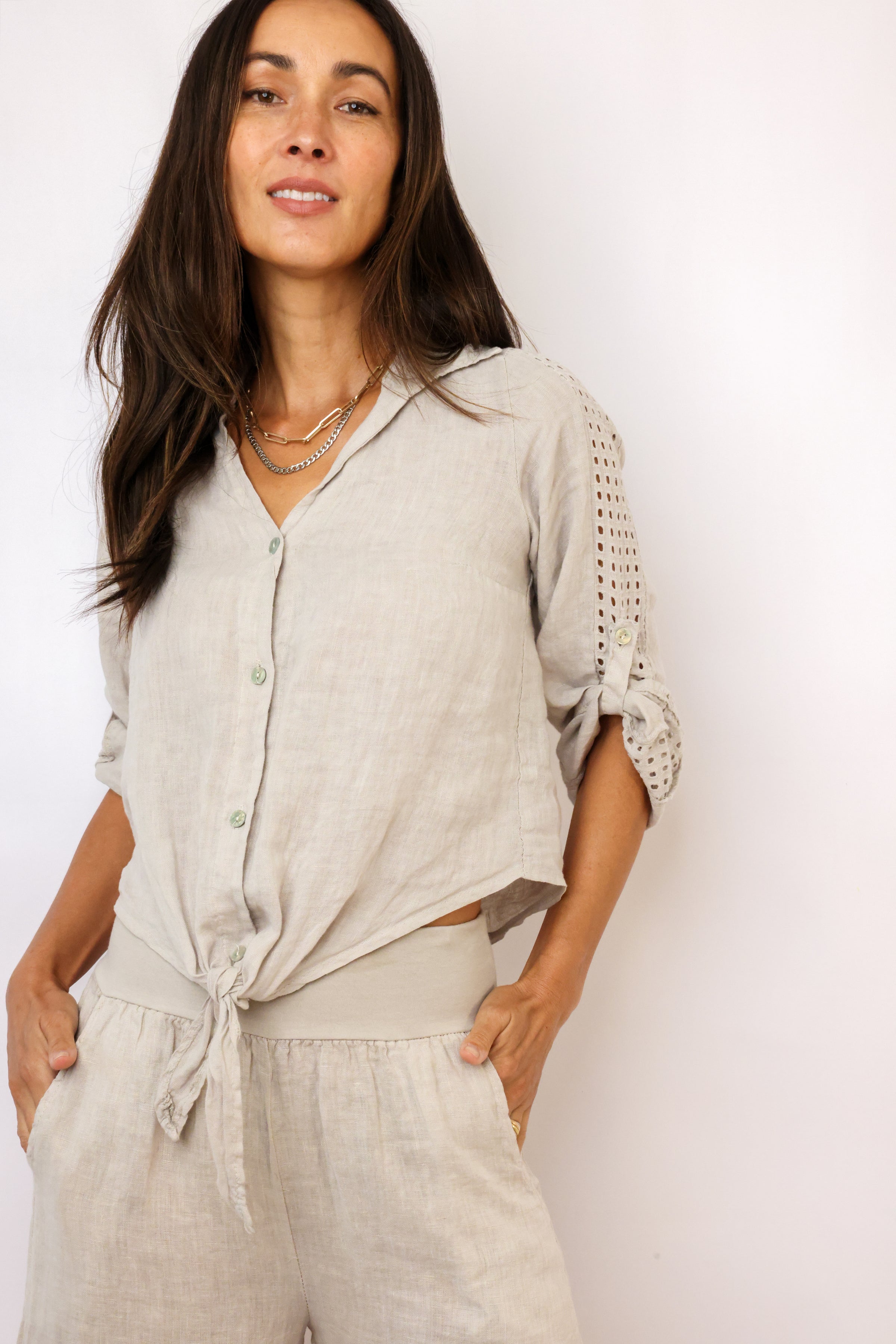 Venti6 Eyelet Button Down Tie Top
