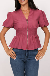 Zip Front Smocked Waist Linen Blouse
