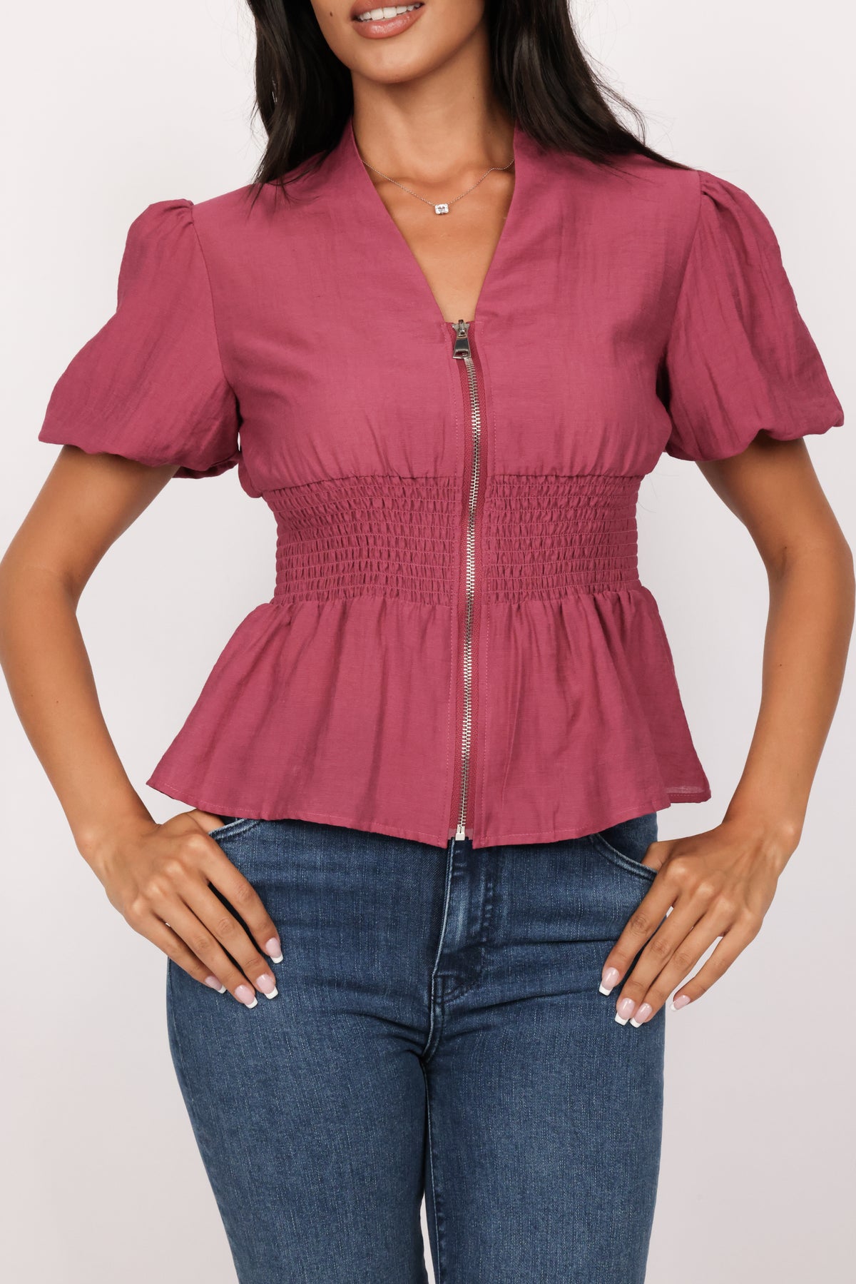 Zip Front Smocked Waist Linen Blouse