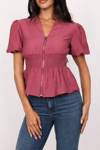 Zip Front Smocked Waist Linen Blouse