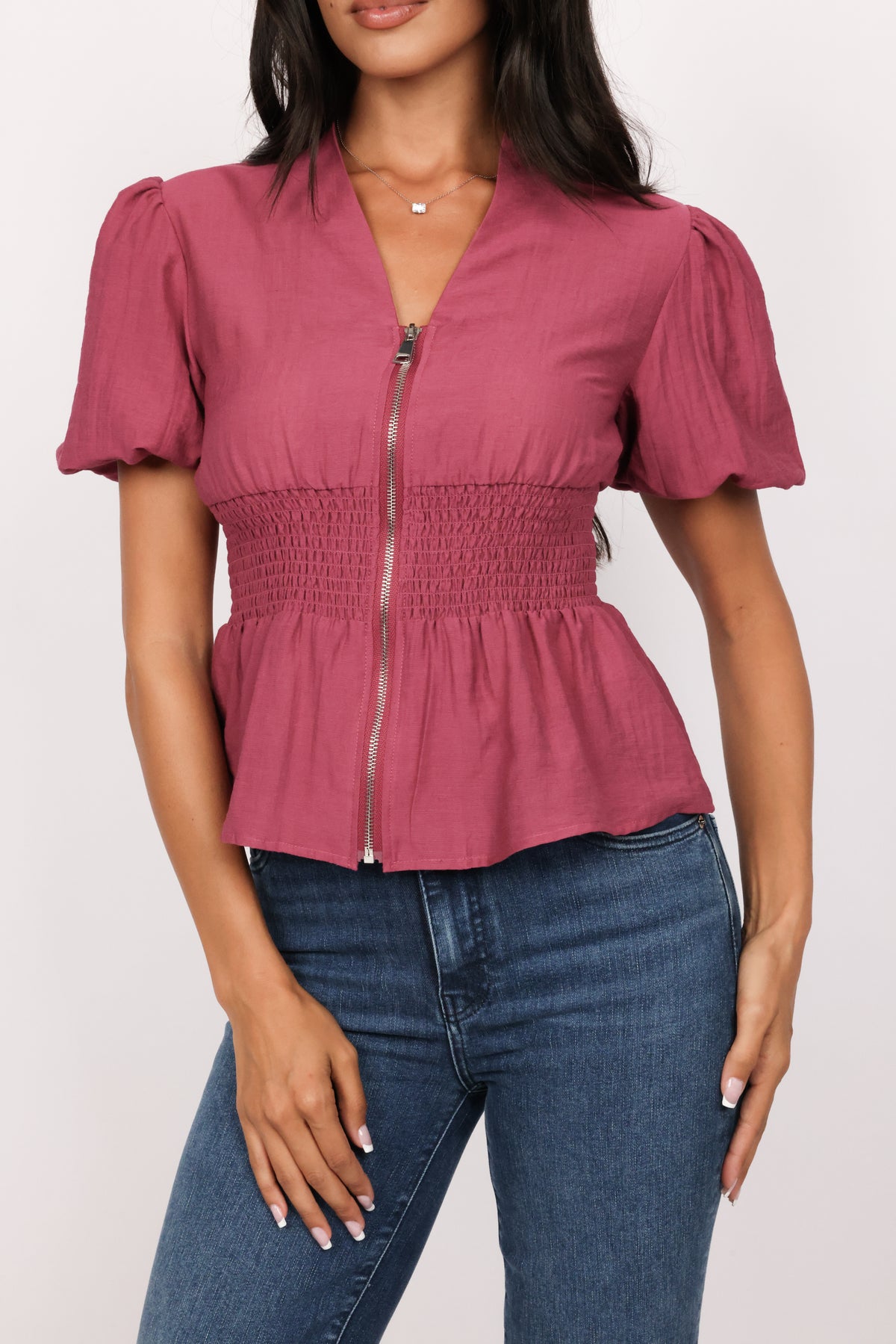 Zip Front Smocked Waist Linen Blouse