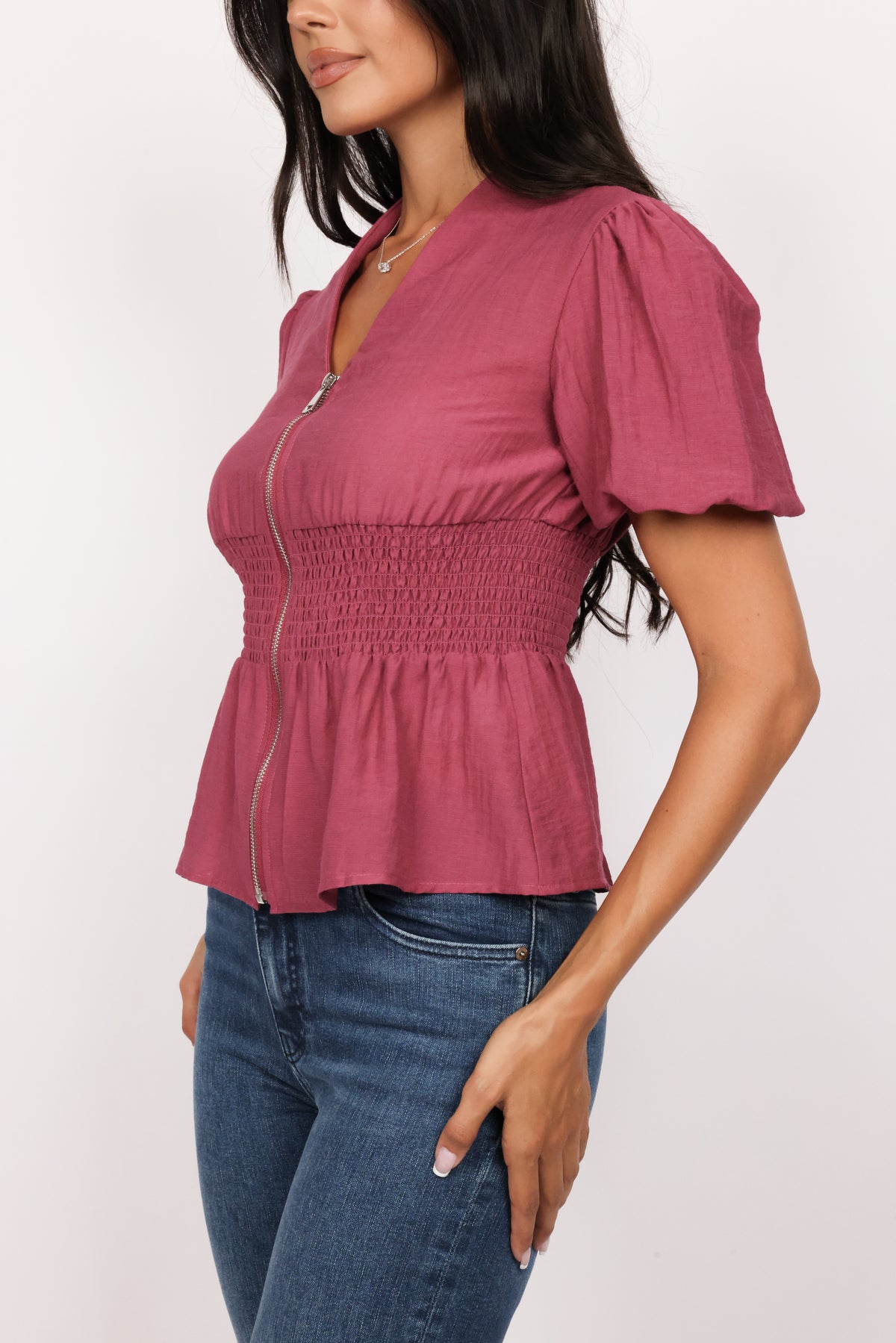 Zip Front Smocked Waist Linen Blouse