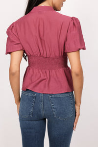 Zip Front Smocked Waist Linen Blouse
