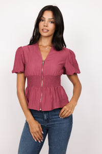 Zip Front Smocked Waist Linen Blouse