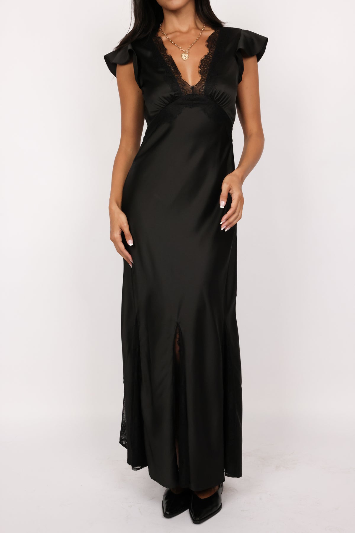 Lace Trim Satin Maxi Dress