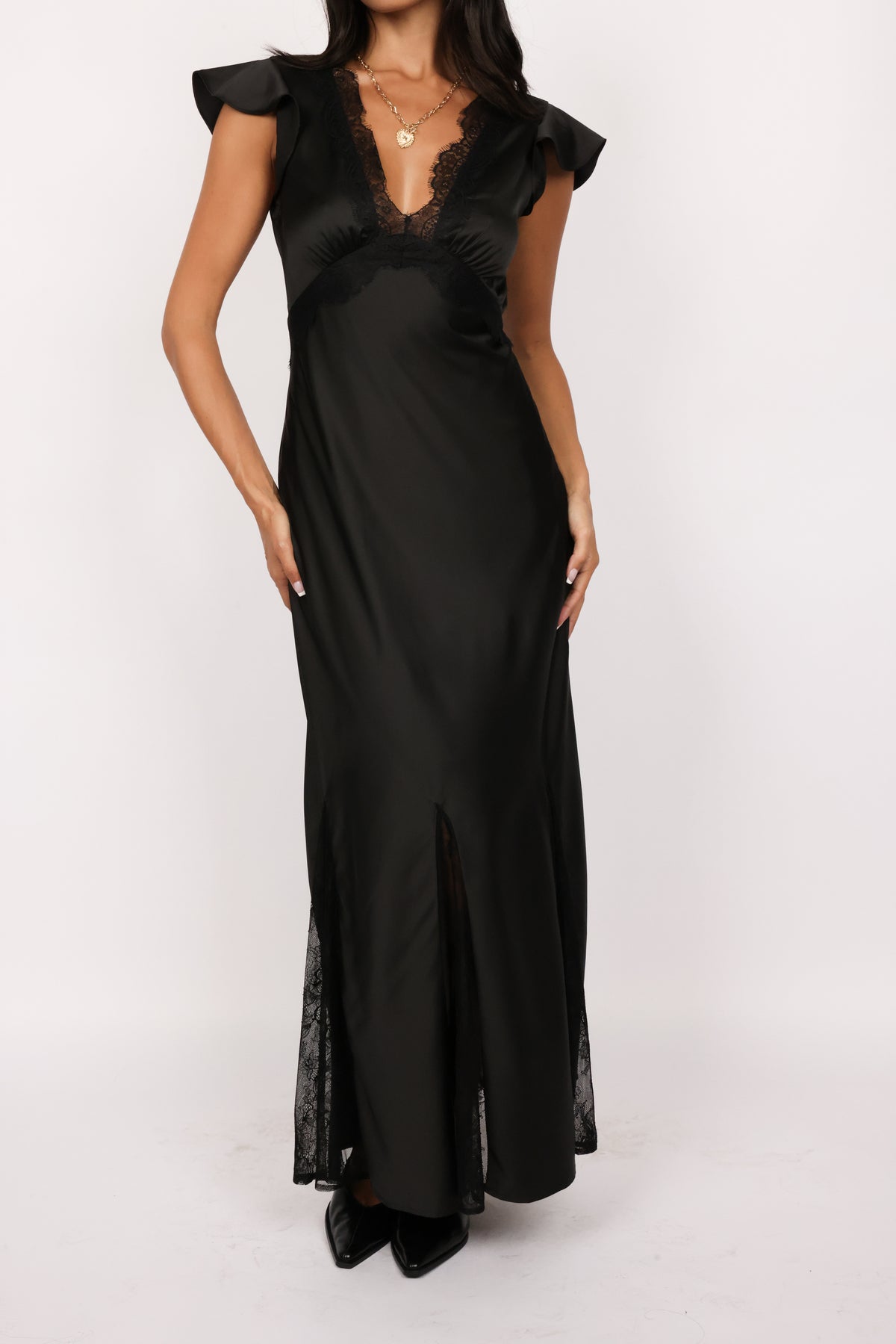 Lace Trim Satin Maxi Dress