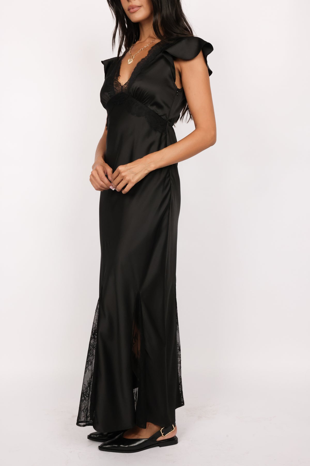 Lace Trim Satin Maxi Dress