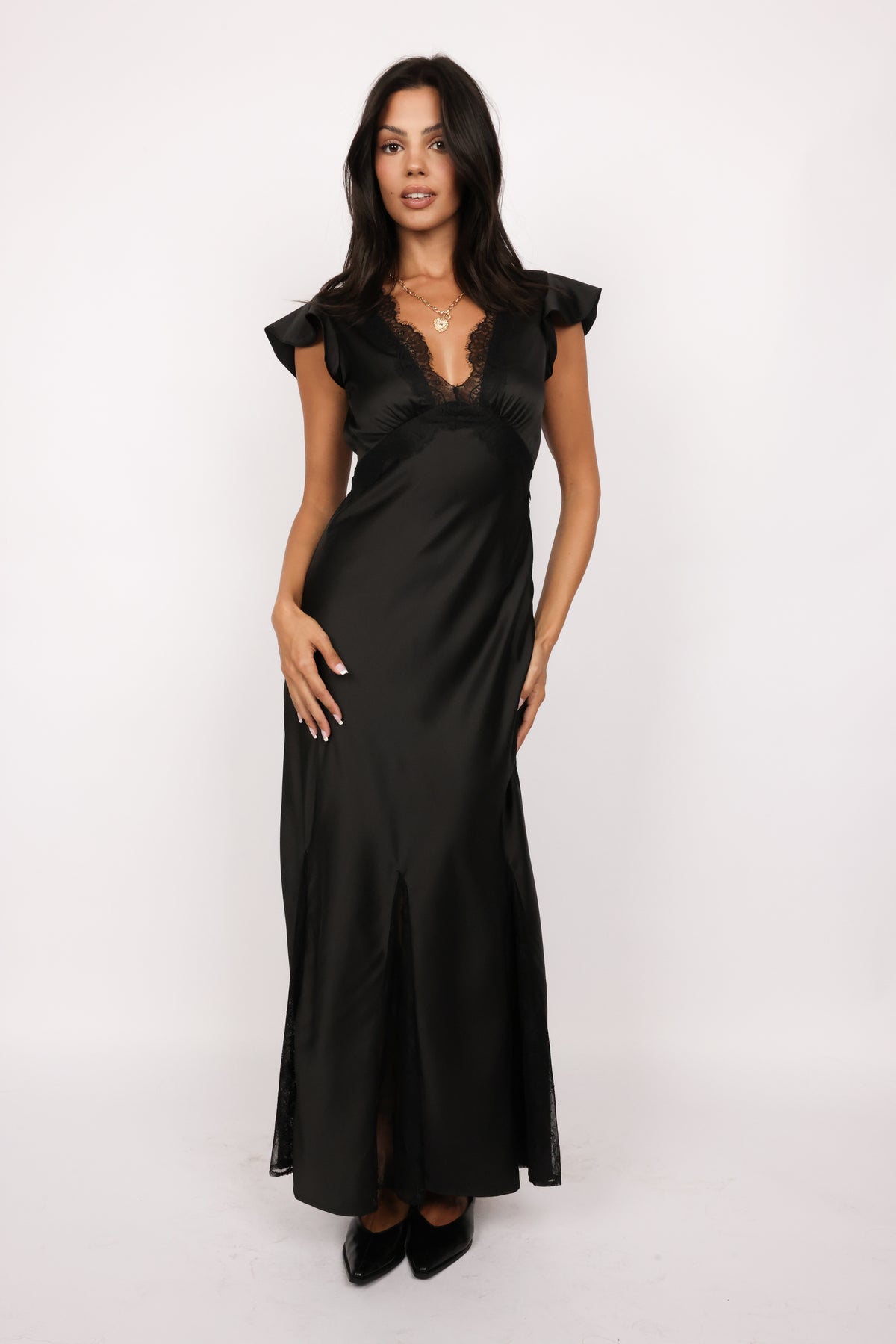 Lace Trim Satin Maxi Dress