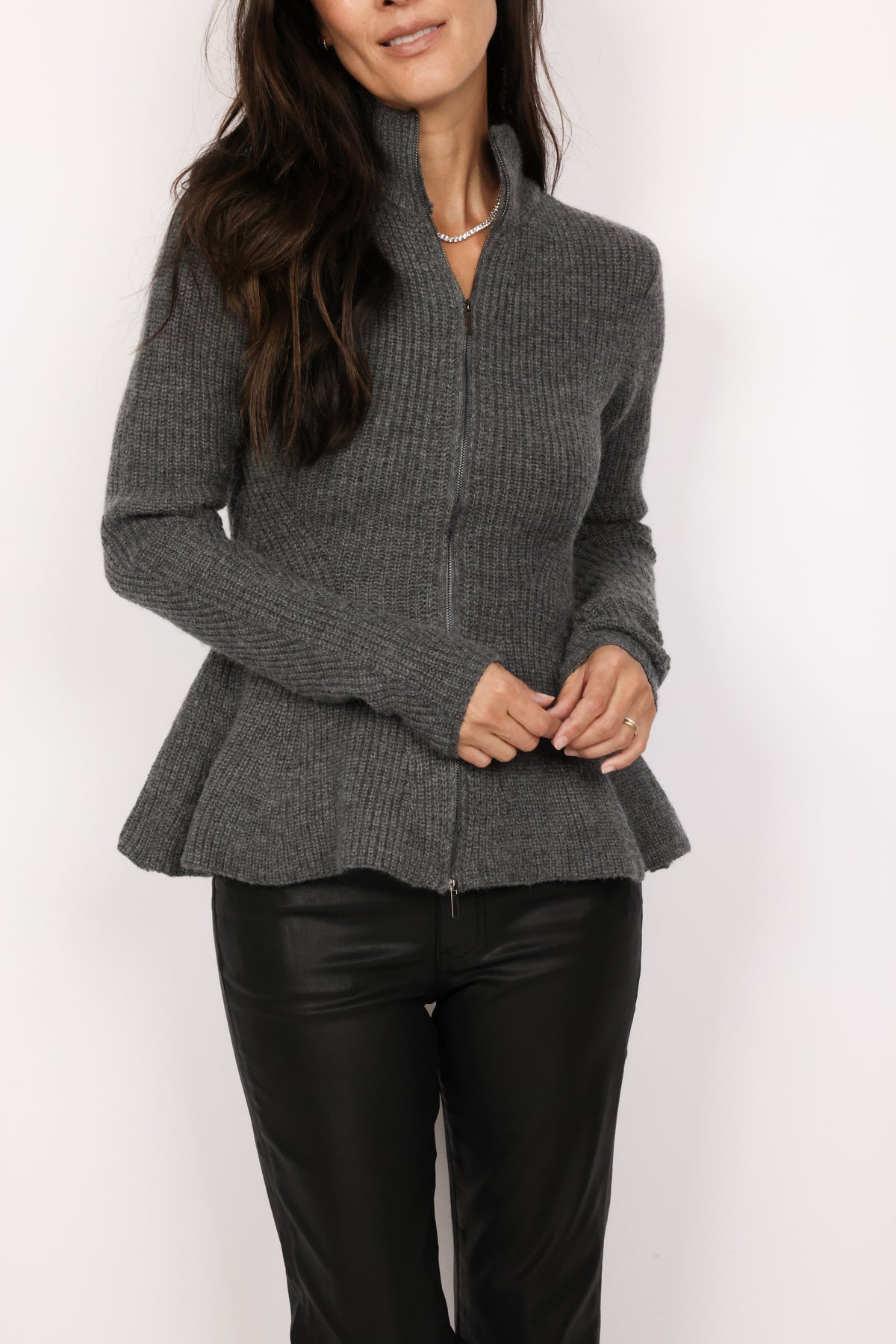 Mock Neck Peplum Zip Cardigan