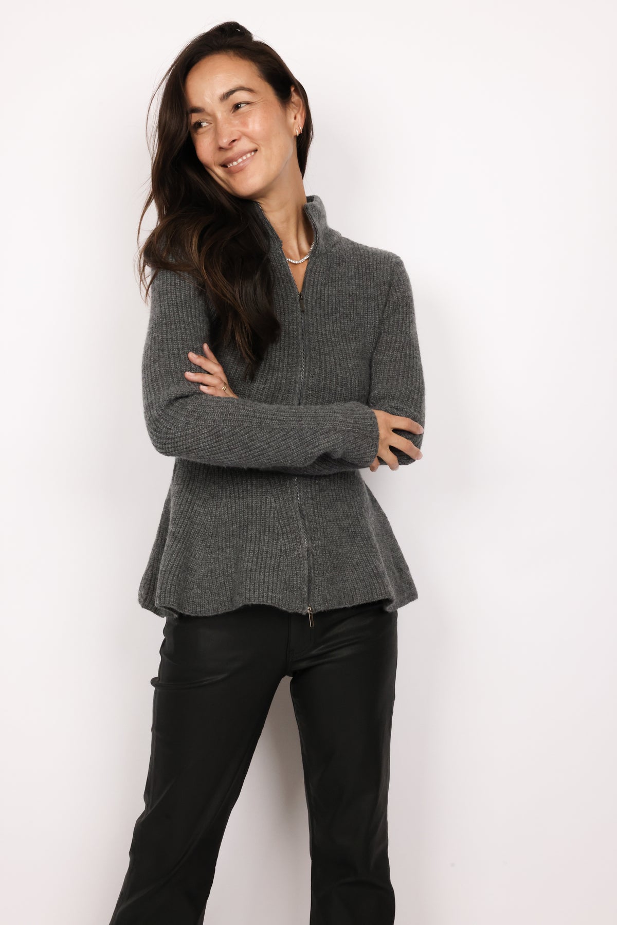 Mock Neck Peplum Zip Cardigan