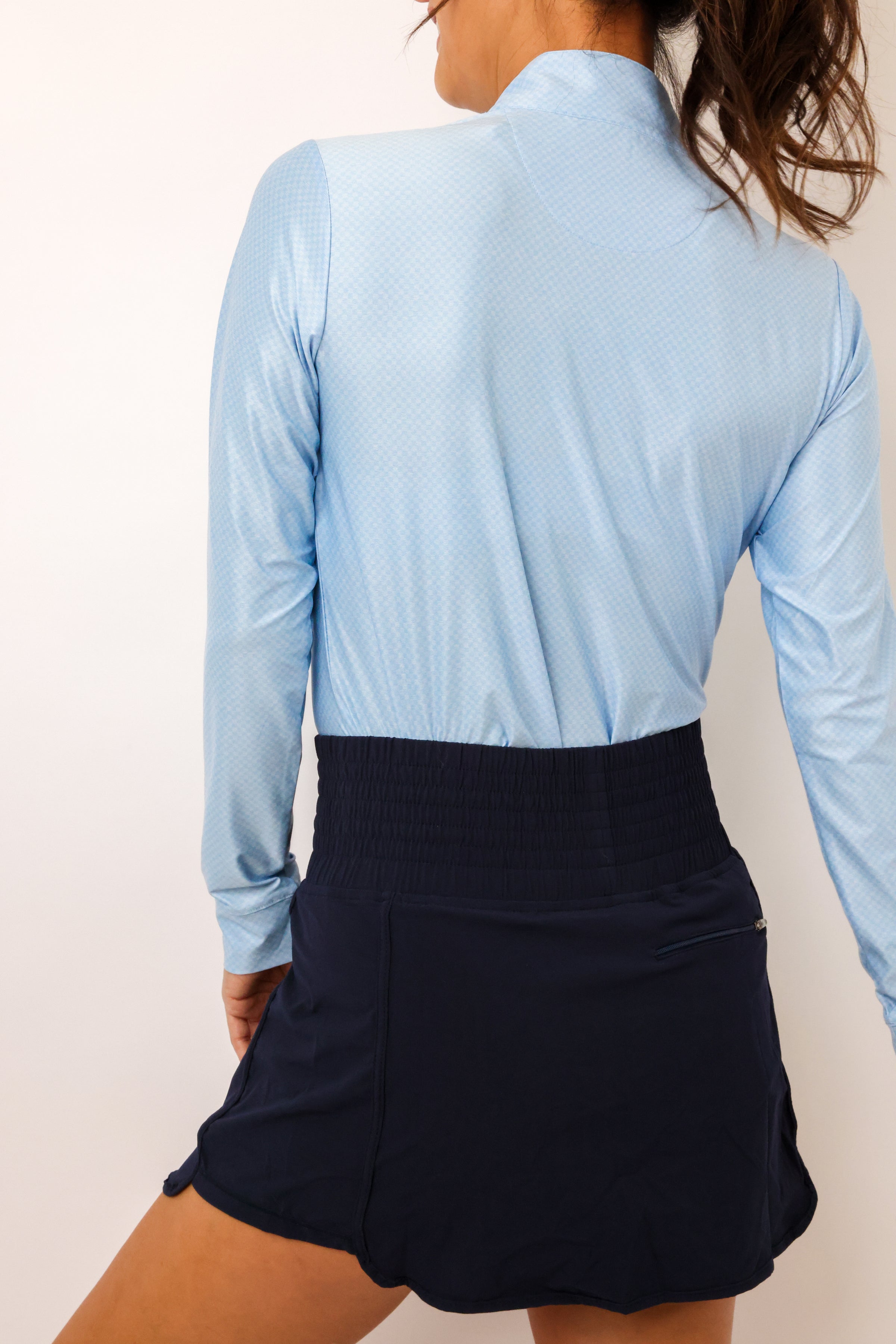 SanSoleil Melange Ice Long Sleeve Check Zip Mock Top