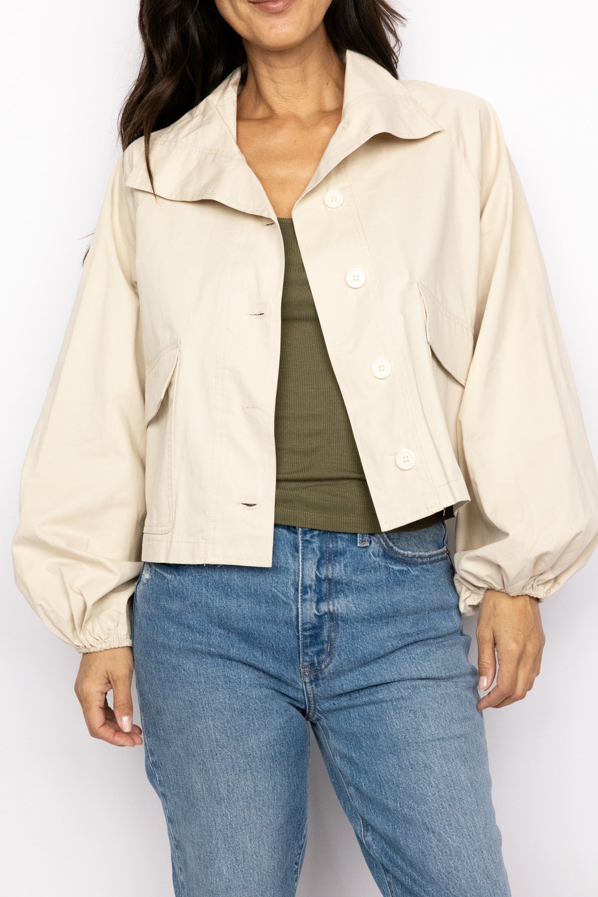 Wide Mock Neck Button Down Jacket