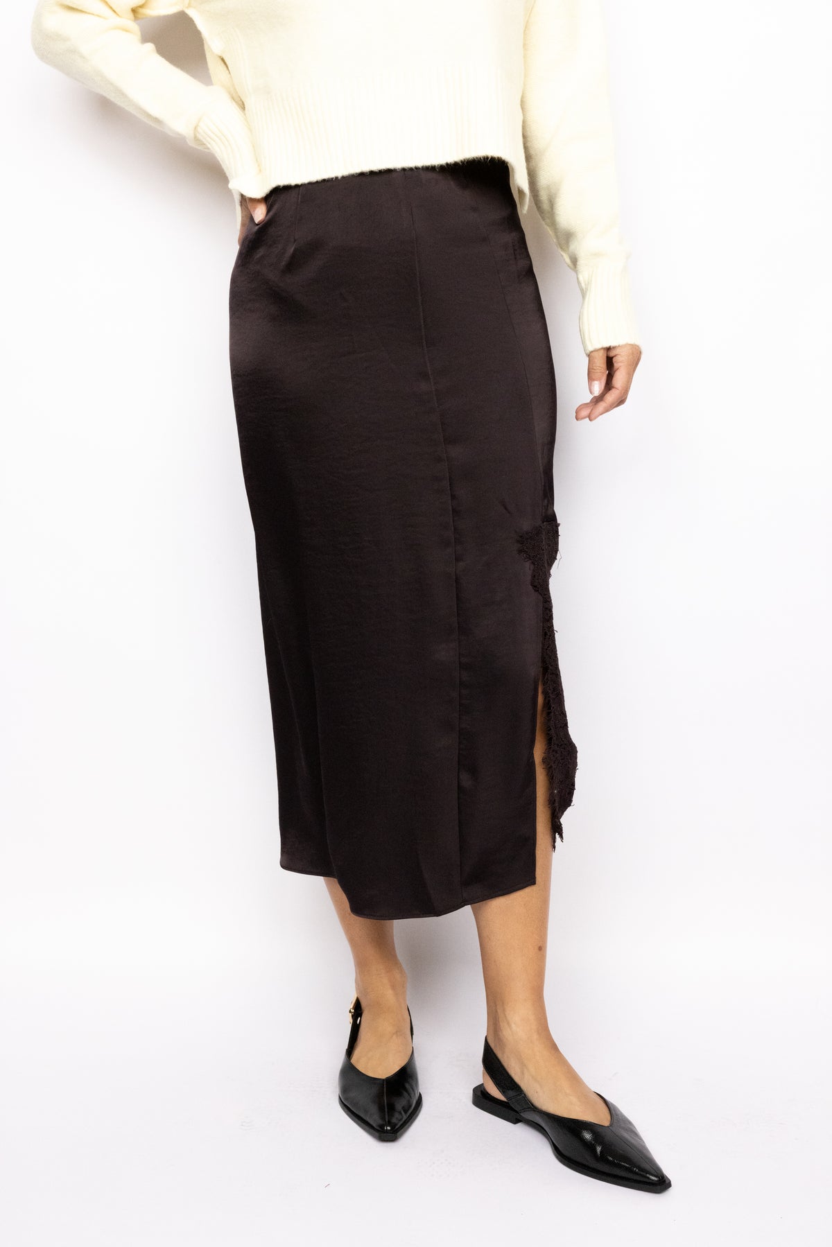 Lace-Inset High-Slit Column Skirt