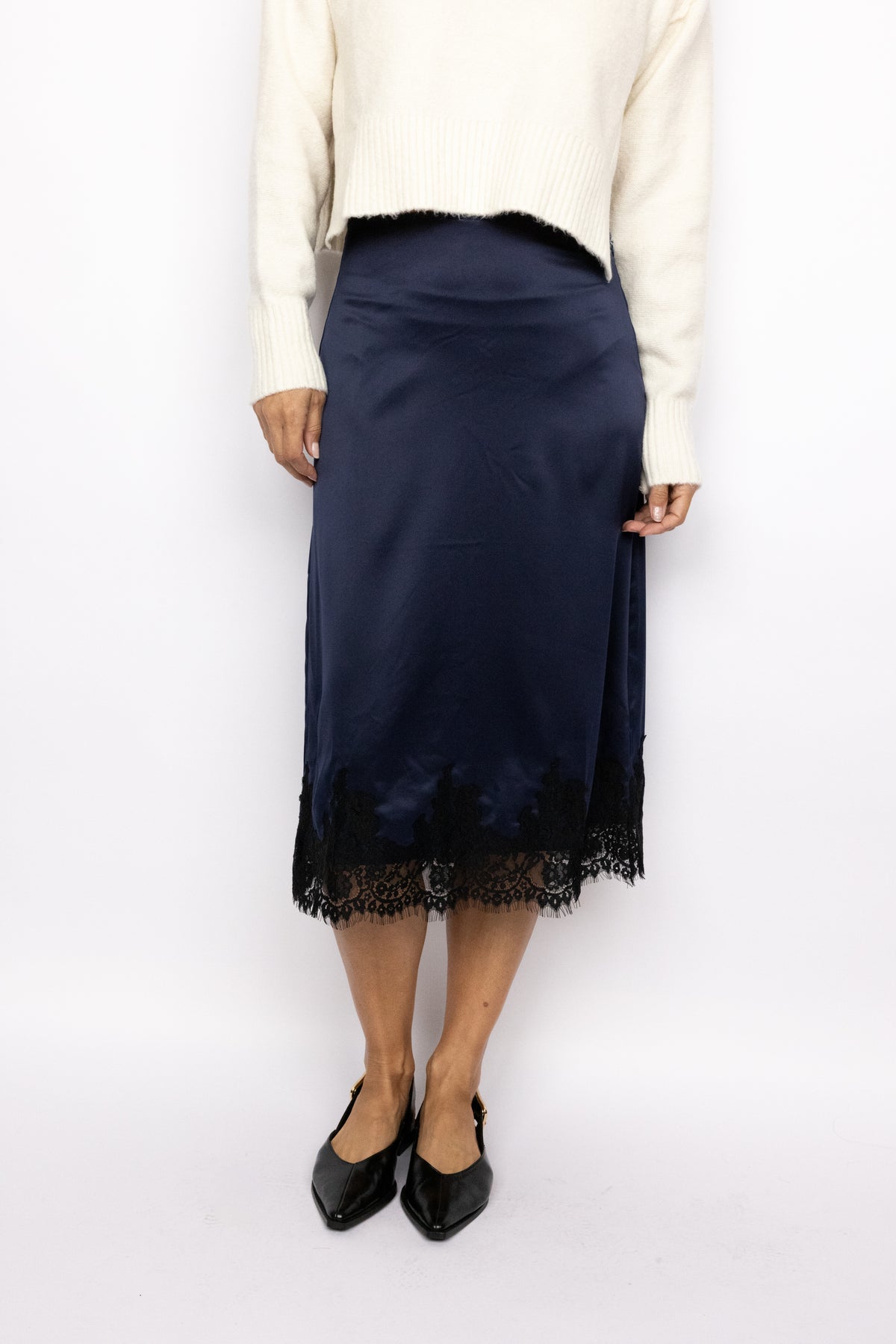 Lois Lace Trim Satin Midi Skirt