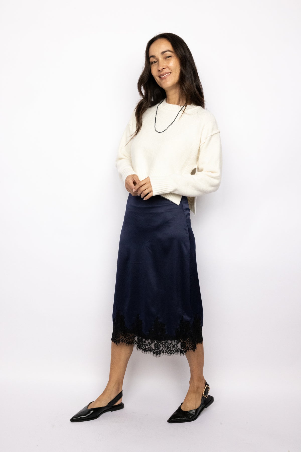 Lois Lace Trim Satin Midi Skirt