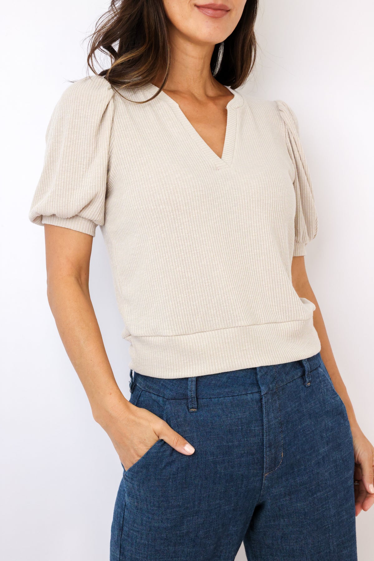 Michael Stars Quinn Puff Sleeve Ribbed Top
