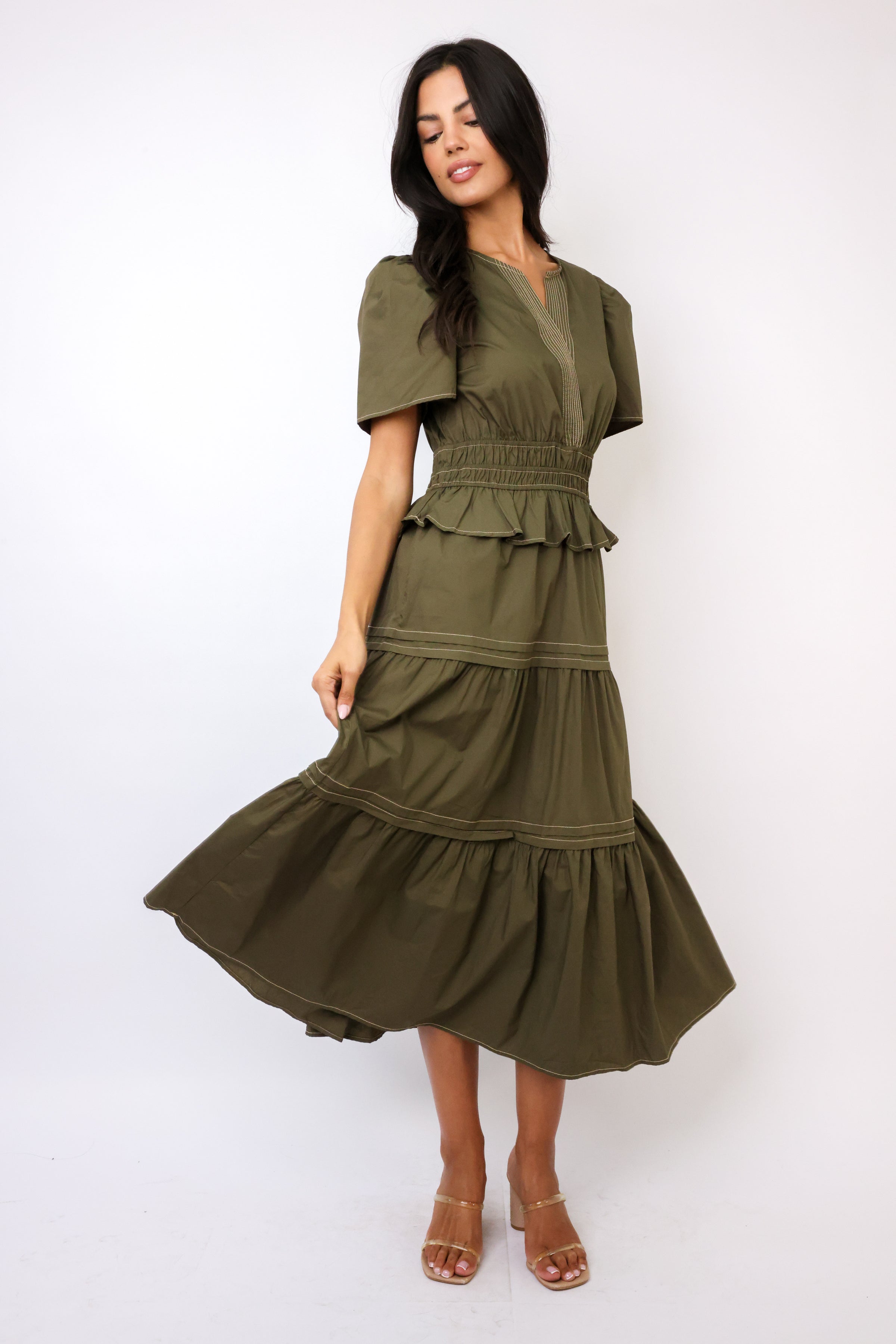 THML Short Sleeve Tiered Midi Dress