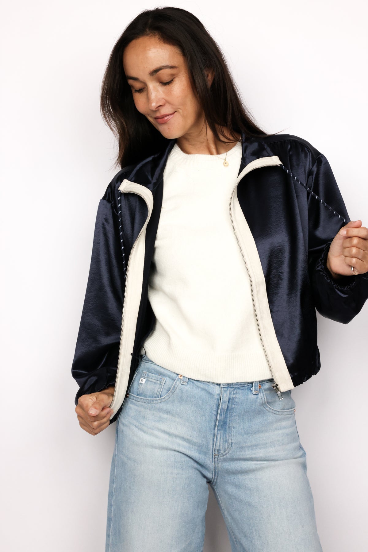 Satin Color Block Zip Up Jacket