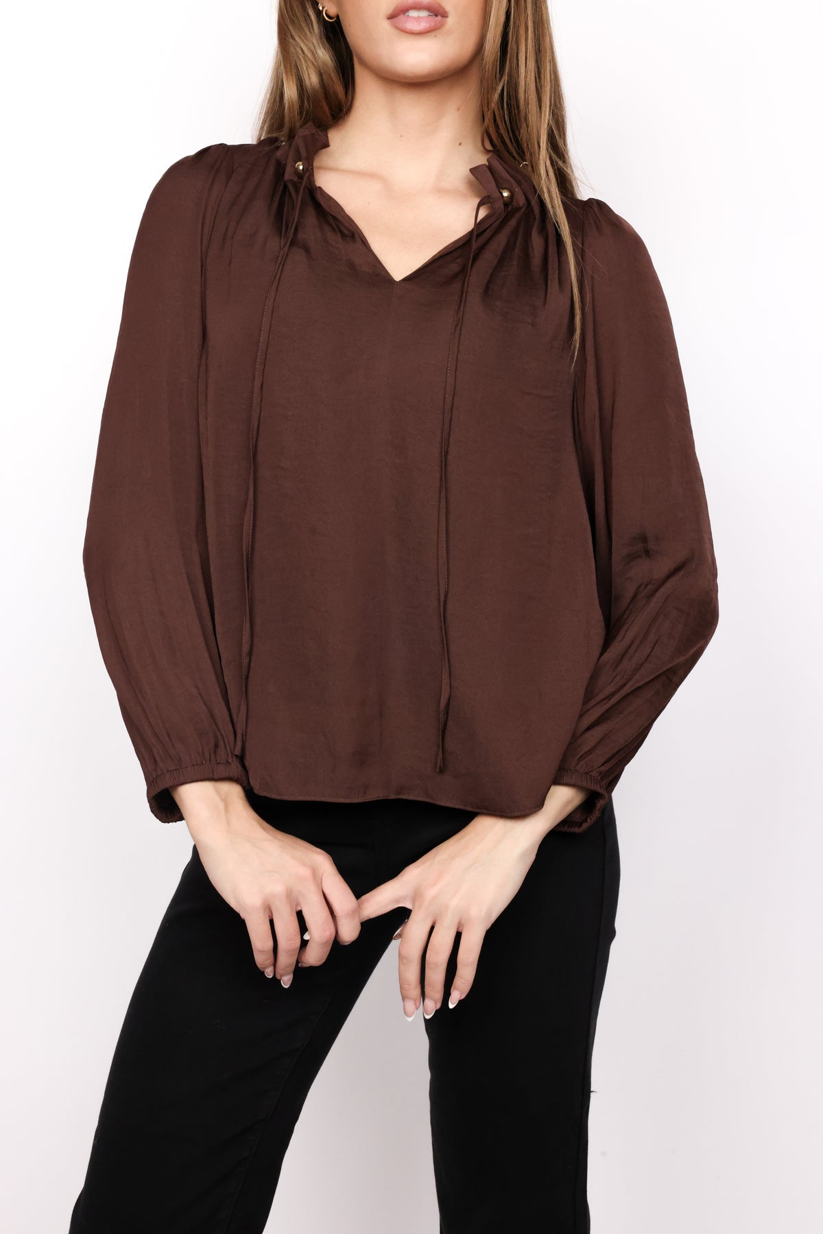 Beaded Tie Neck Long Sleeve Blouse
