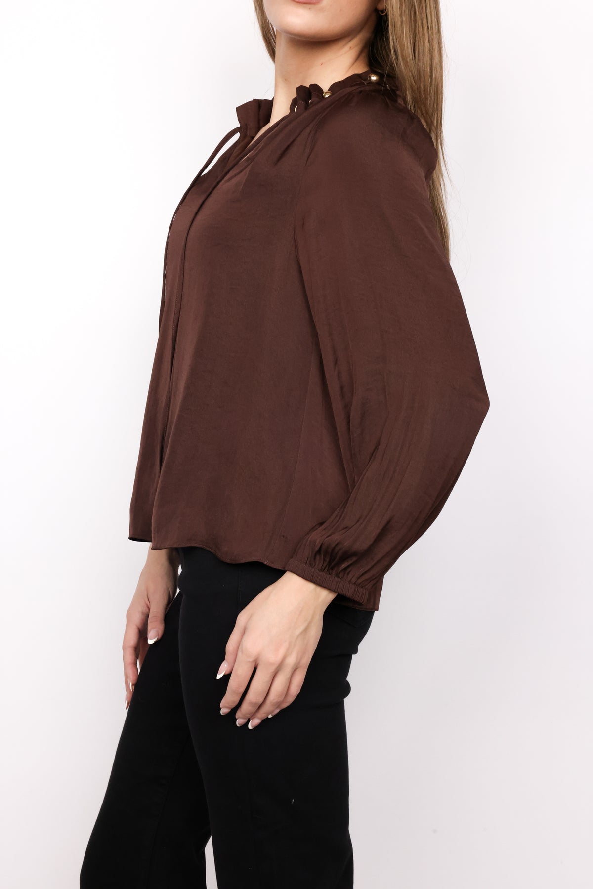 Beaded Tie Neck Long Sleeve Blouse
