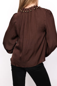 Beaded Tie Neck Long Sleeve Blouse