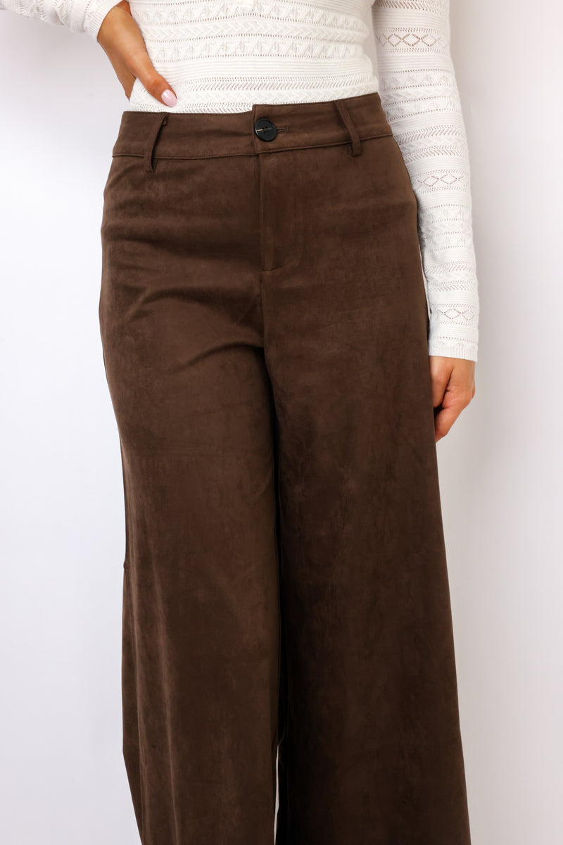 Suede Mid-Rise Long Flare Pants