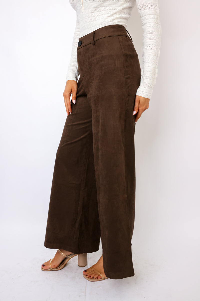 Suede Mid-Rise Long Flare Pants
