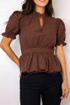 Split Neck Scalloped Elastic Cuff Short Sleeve Top