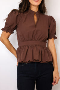 Split Neck Scalloped Elastic Cuff Short Sleeve Top