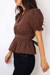 Split Neck Scalloped Elastic Cuff Short Sleeve Top