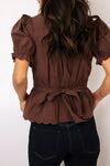 Split Neck Scalloped Elastic Cuff Short Sleeve Top