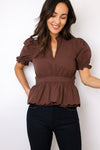 Split Neck Scalloped Elastic Cuff Short Sleeve Top