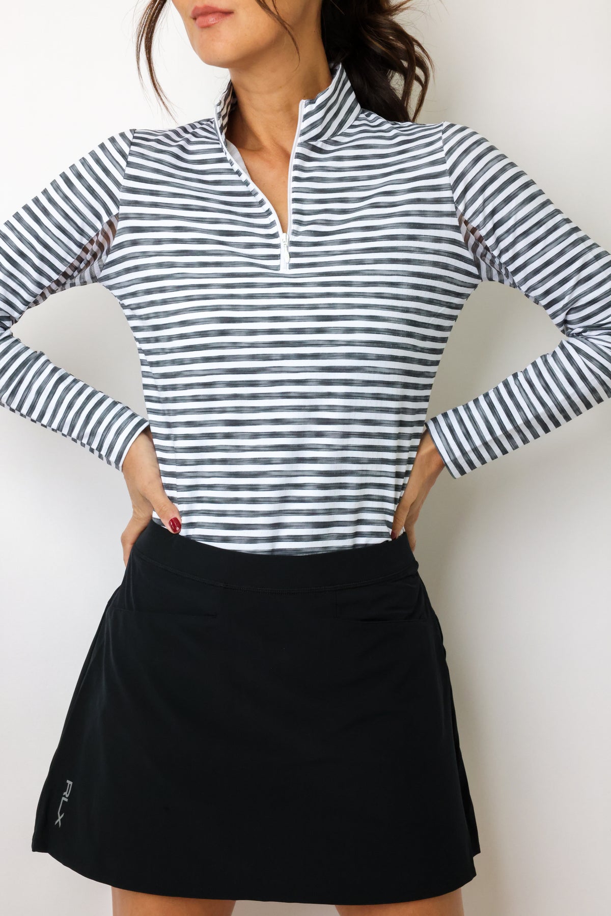 IBKUL Landon Stripe Long Sleeve Zip Mock Top