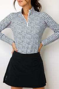IBKUL Landon Stripe Long Sleeve Zip Mock Top