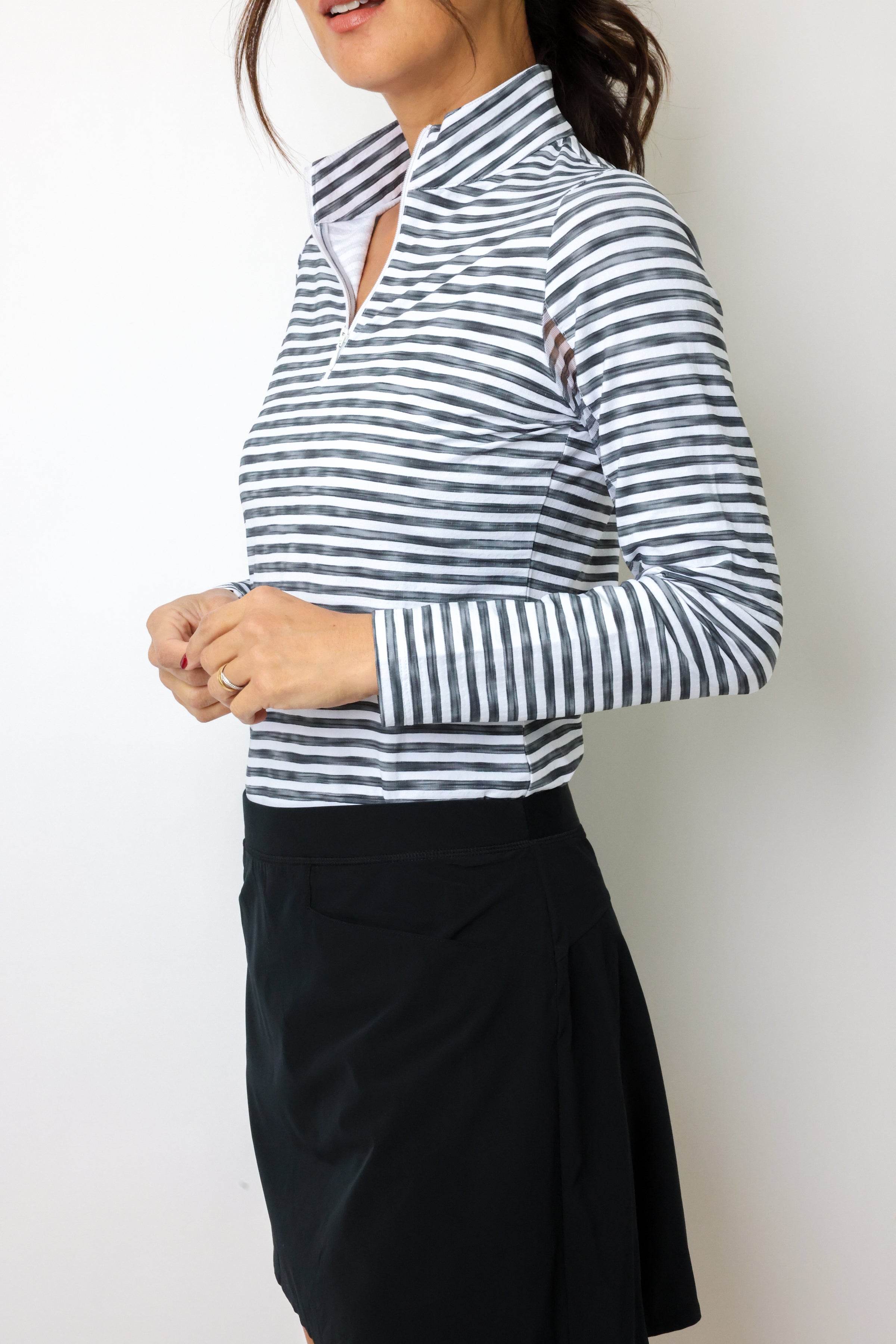 IBKUL Landon Stripe Long Sleeve Zip Mock Top