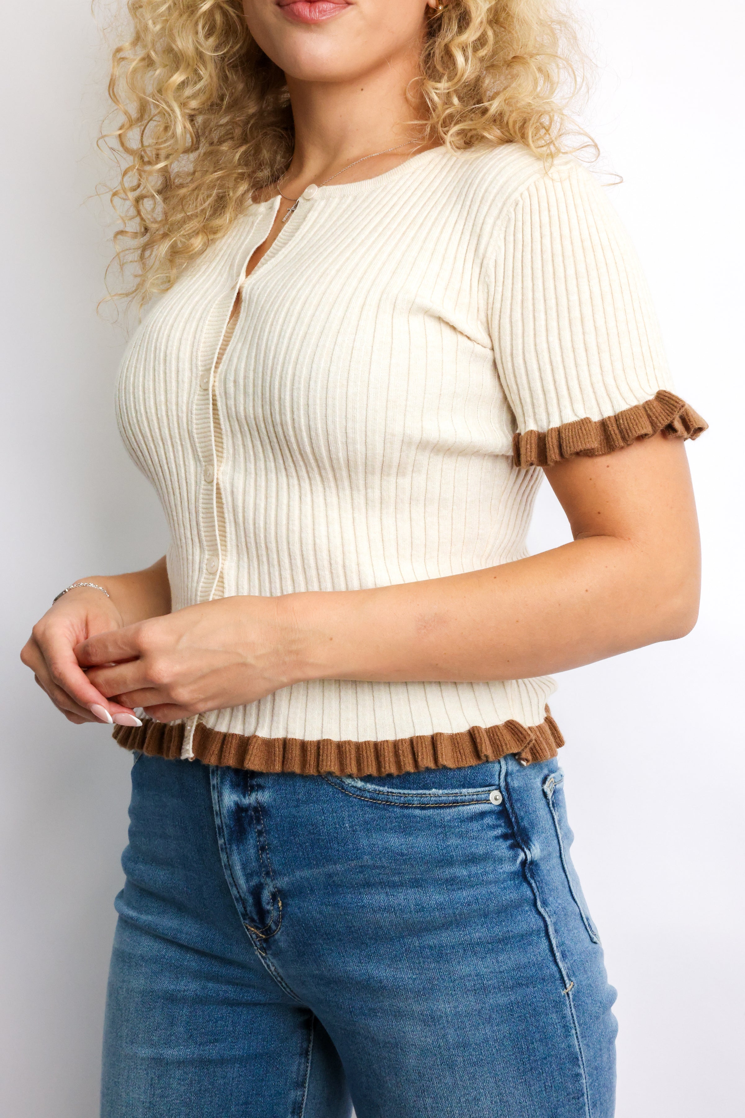 Button Down Ruffle Ribbed Top
