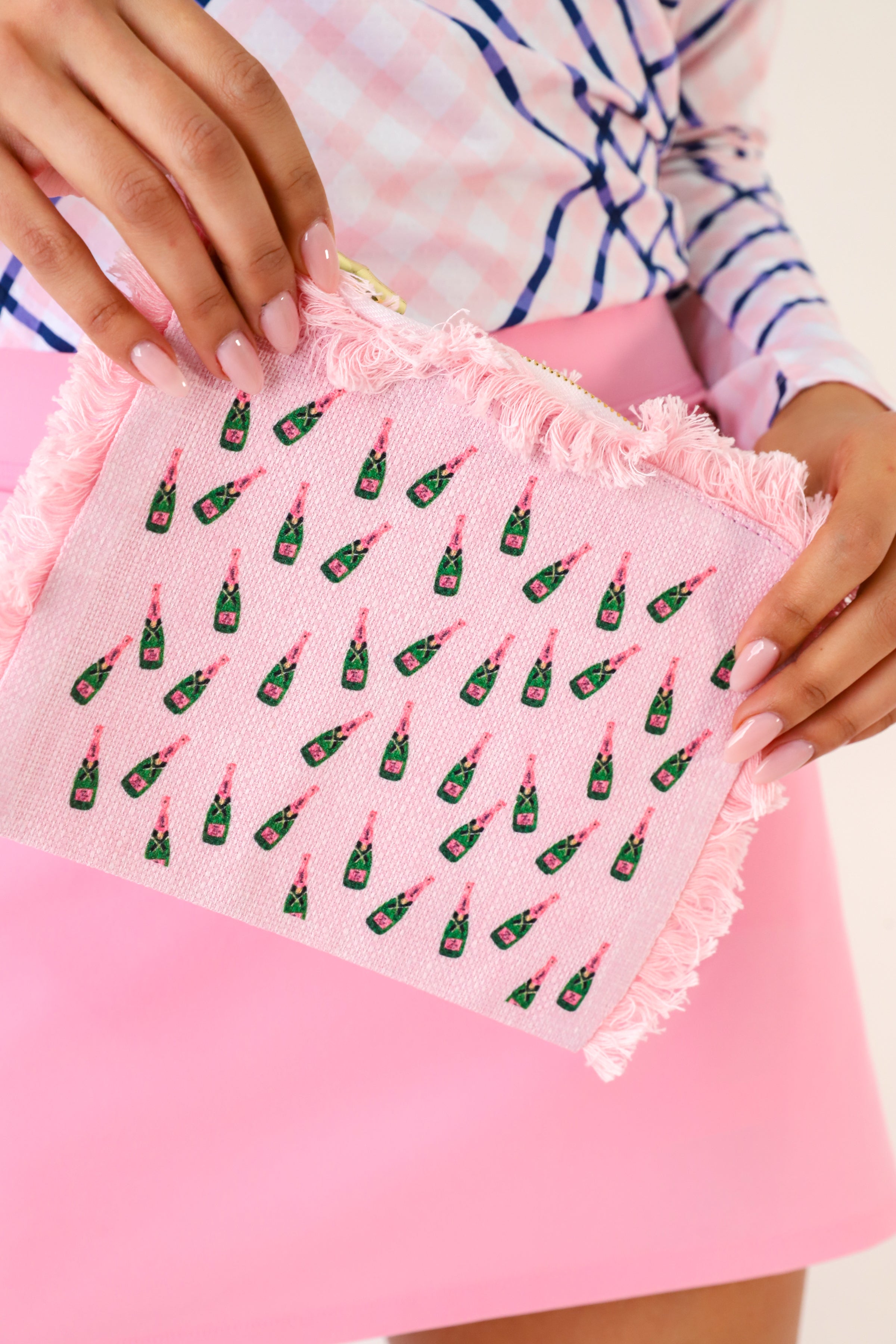 Champagne Pink Fringe Flat Zip Bag