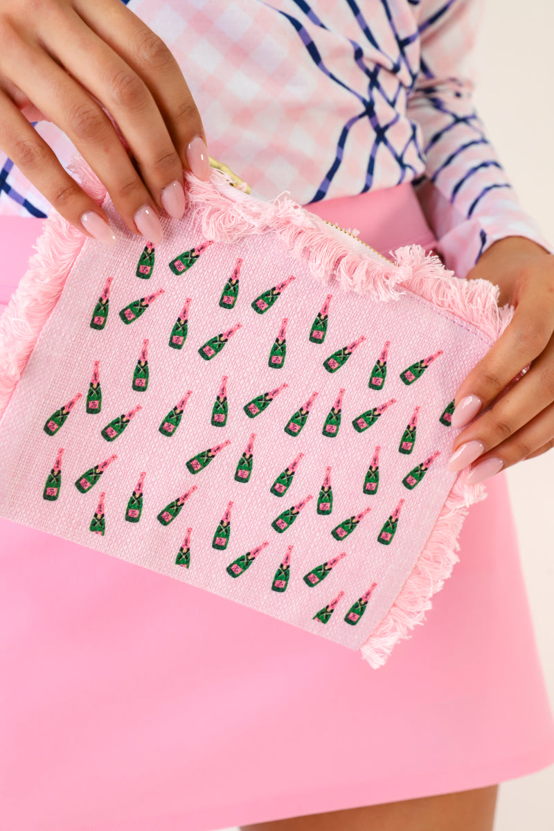 Champagne Pink Fringe Flat Zip Bag